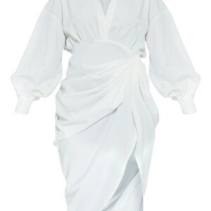 PrettyLittleThing White Bishop Sleeve V-Neck Gown